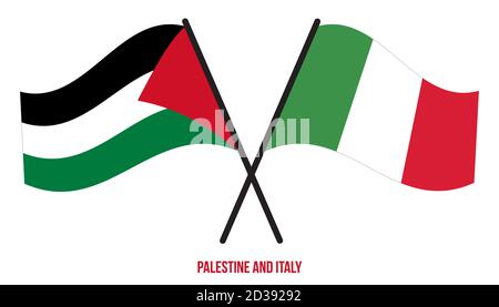 Palestine e Italia bandiere attraversate e ondeggianti stile piatto. Proporzione ufficiale. Colori corretti. Illustrazione Vettoriale
