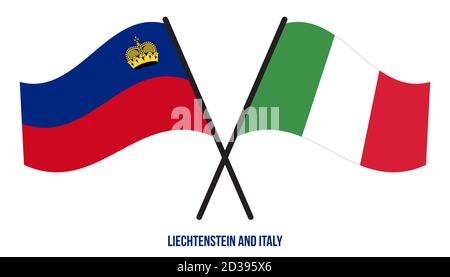 Il Liechtenstein e l'Italia bandiere hanno attraversato e ondulato lo stile piatto. Proporzione ufficiale. Colori corretti. Illustrazione Vettoriale