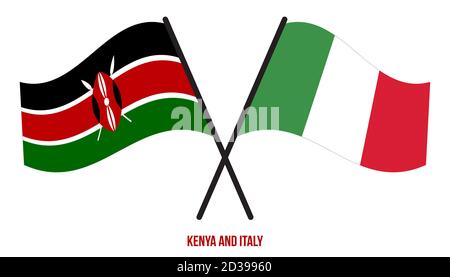 Il Kenya e l'Italia Flags hanno attraversato e ondulato stile piatto. Proporzione ufficiale. Colori corretti. Illustrazione Vettoriale