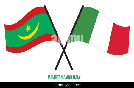 Le bandiere della Mauritania e dell'Italia hanno attraversato e ondulato lo stile piatto. Proporzione ufficiale. Colori corretti. Illustrazione Vettoriale