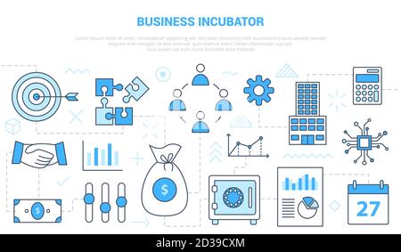 concetto di incubatore aziendale con banner modello set di icone moderno colore blu Illustrazione Vettoriale