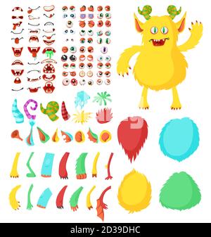 Carino kit costruttore di personaggi cartoni animati mostro, illustrazione piatta vettore isolato. Parti divertenti del corpo animale e creatura. Illustrazione Vettoriale