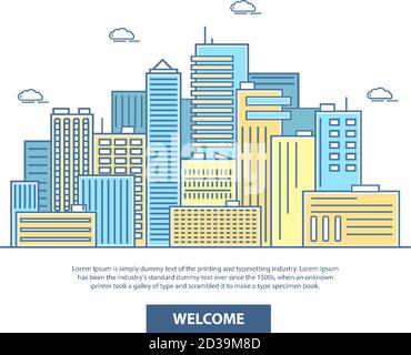 Illustrazione vettoriale dello skyline della città in stile lineare piatto Illustrazione Vettoriale