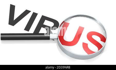 Lente d'ingrandimento con parola virus e messa a fuoco su rosso US, rendering 3d Foto Stock