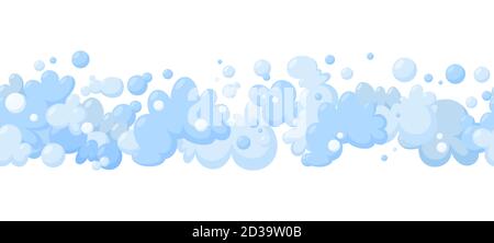 Schiuma di sapone o nubi. Motivo orizzontale senza giunture su sfondo bianco. Schiuma blu chiaro e bolle per la pulizia. Illustrazione vettoriale nel cartone Illustrazione Vettoriale