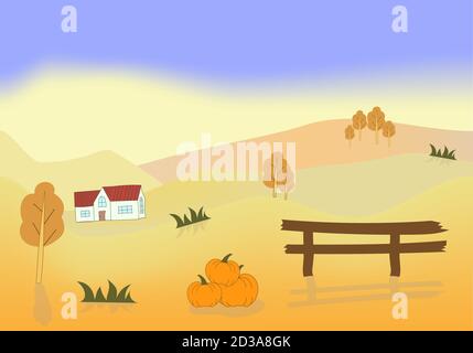 Gradiente paesaggio autunno con tramonto e alba. La vita rurale e l'unità con la natura sono belle Illustrazione Vettoriale