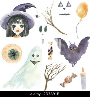 Insieme di Halloween felice su uno sfondo bianco. Elementi cartoni animati dipinti a mano Illustrazione Vettoriale