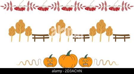 Rancore autunnali e halloween bar di confine in stile country con zucche, alberi, foglie e bacche Illustrazione Vettoriale