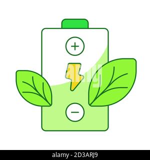 Batteria verde concetto batteria ricarica foglia bianco sfondo isolato con tema verde stile a contorno piatto Illustrazione Vettoriale
