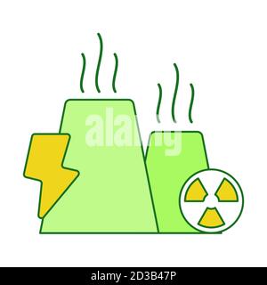 Concetto di energia nucleare impianto di produzione di tubi centrale di energia Lightning bianco sfondo isolato con tema verde a contorno piatto Illustrazione Vettoriale