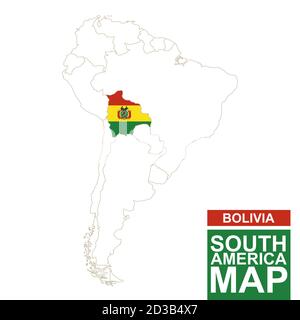 Mappa contornata del Sud America con la Bolivia evidenziata. Mappa e bandiera della Bolivia sulla mappa del Sud America. Illustrazione vettoriale. Illustrazione Vettoriale