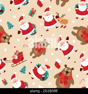 Modello natalizio senza cuciture. Modello di Natale con Babbo Natale, un cervo, un orso e doni. Illustrazione vettoriale Illustrazione Vettoriale