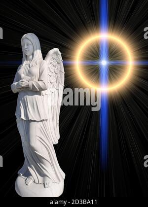 monumento un angelo su uno sfondo di luce mistica Foto Stock