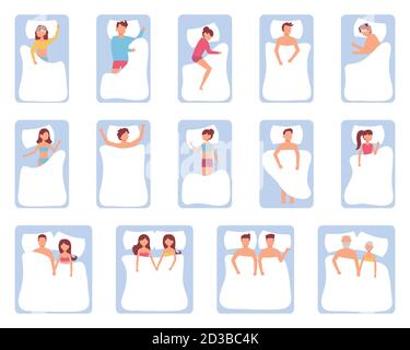 Set di pose dormenti diverse. Illustrazione vettoriale di giovane cartone animato uomo piatto composizione sonno, in vista cuscino in letto, posizione diversa Illustrazione Vettoriale