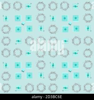 Confezioni regalo modello senza cuciture. Splendido motivo senza cuciture con scatole regalo blu bambino, corona floreale argento per la stampa, confezione regalo in rendering 3D Foto Stock