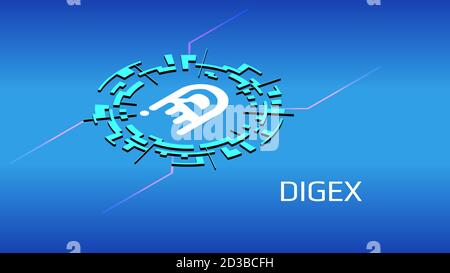 Simbolo isometrico DIGEX del progetto defi in cerchio digitale su sfondo blu. Icona criptovaluta. Programmi finanziari decentrati. Vettore. Illustrazione Vettoriale