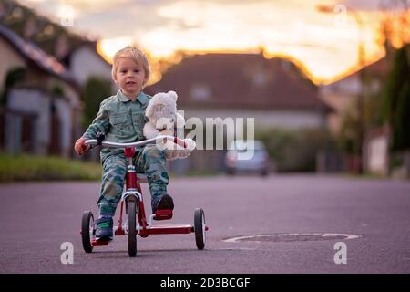 Bambino piccolo, ragazzo biondo, triciclo in un villaggio piccola strada al tramonto con orsacchiotto Foto Stock