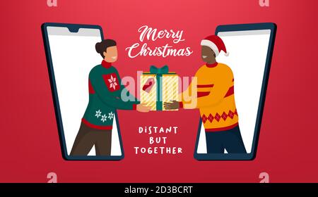 La gente videochiama e condivide i regali di Natale in linea, prevenzione del coronavirus e celebrazione sicura di Natale in linea Illustrazione Vettoriale