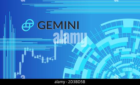 Nome del mercato azionario della criptovaluta Gemini su sfondo digitale astratto. Borsa Crypto per notizie e media. Vettore EPS10. Illustrazione Vettoriale