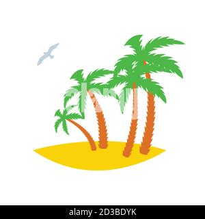Quattro palme su un'isola sabbiosa con un gabbiano che passa. Icona. Illustrazione vettoriale Illustrazione Vettoriale
