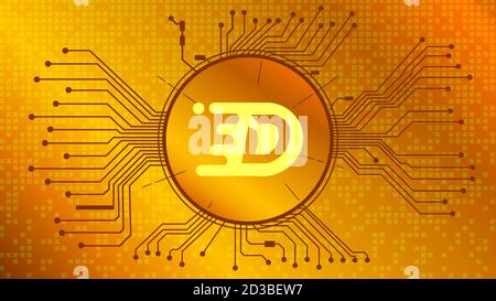 Simbolo di criptovaluta DIGEX del progetto DEFI in cerchio con tracce PCB su sfondo oro. Icona valuta. Programmi finanziari decentrati. Illustrazione Vettoriale
