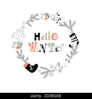 Cartoon corona di Natale con i bullfinches su sfondo bianco Illustrazione Vettoriale