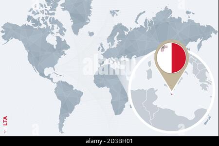 Mappa astratta del mondo blu con Malta ingrandita. Bandiera e mappa di Malta. Illustrazione vettoriale. Illustrazione Vettoriale