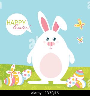 buona pasqua. Coniglietti pasquali e uova colorate in un campo verde con un'iscrizione. Vettore. Illustrazione Vettoriale