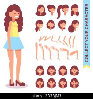 3 4 tipo di carattere animato. Designer-designer di una giovane ragazza con diversi tipi, emozioni del viso, parti del corpo e acconciature. Stile cartone animato Illustrazione Vettoriale