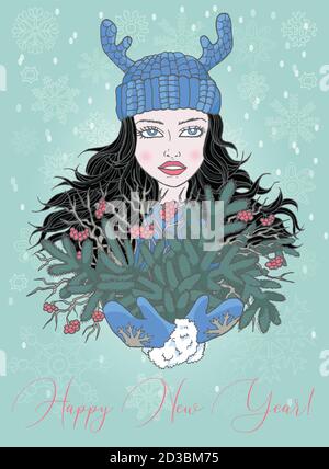 Biglietto di auguri per Natale e Capodanno con ragazza felice che tiene un mazzo di rami sempreverdi conifere. Illustrazione del doodle disegnata a mano del vettore, posteriore stagionale Illustrazione Vettoriale