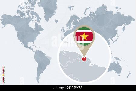 Mappa astratta del mondo blu con Suriname ingrandito. Bandiera e mappa del Suriname. Illustrazione vettoriale. Illustrazione Vettoriale