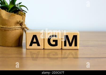 Concetto parola 'AGM' - 'riunione generale annuale' su cubi su un bel tavolo di legno. Sfondo bianco. Concetto aziendale, spazio di copia. Foto Stock