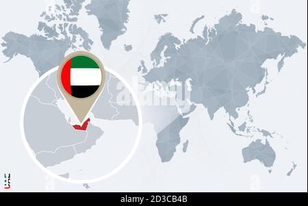 Mappa astratta blu del mondo con ingrandito Emirati Arabi Uniti. Bandiera e mappa degli Emirati Arabi Uniti. Illustrazione vettoriale. Illustrazione Vettoriale
