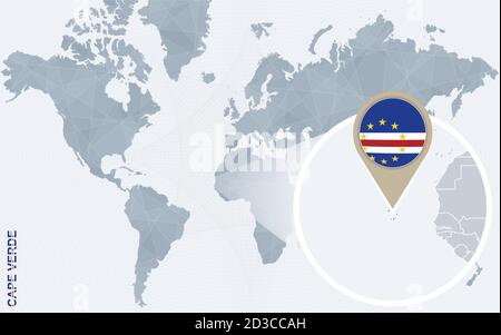 Mappa astratta del mondo blu con Capo Verde ingrandito. Bandiera e mappa di Capo Verde. Illustrazione vettoriale. Illustrazione Vettoriale