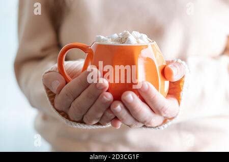 Le mani della donna in maglione che tiene una tazza di zucca in stile bevanda calda con marshmallows e tema autunno. Foto Stock