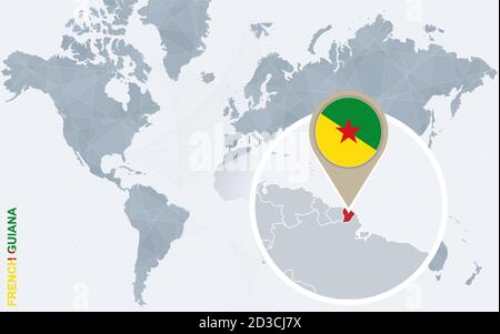 Mappa astratta del mondo blu con ingrandita Guiana francese. Bandiera e mappa della Guiana francese. Illustrazione vettoriale. Illustrazione Vettoriale