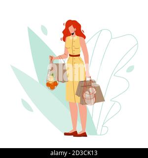 Woman Holding Recycling Shopping Packages Vector Illustration Illustrazione Vettoriale