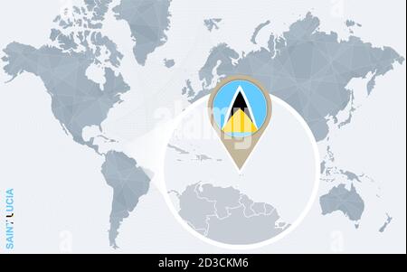 Mappa astratta del mondo blu con Santa Lucia ingrandita. Bandiera e mappa di Santa Lucia. Illustrazione vettoriale. Illustrazione Vettoriale