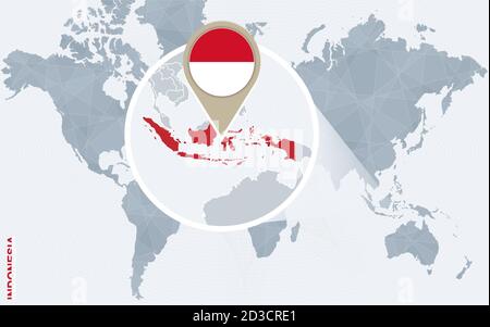 Mappa astratta del mondo blu con l'Indonesia ingrandita. Bandiera e mappa dell'Indonesia. Illustrazione vettoriale. Illustrazione Vettoriale