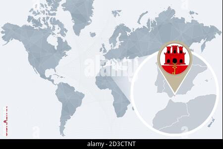 Mappa astratta del mondo blu con Gibilterra ingrandita. Bandiera e mappa di Gibilterra. Illustrazione vettoriale. Illustrazione Vettoriale