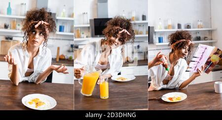 collage di donna riccia versando ketchup su uova fritte, rivista di lettura e caraffa con succo d'arancia vicino al bicchiere Foto Stock