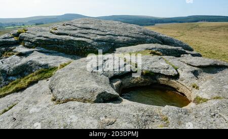 Bacino naturale di roccia a Kestor Rock su Dartmoor Foto Stock