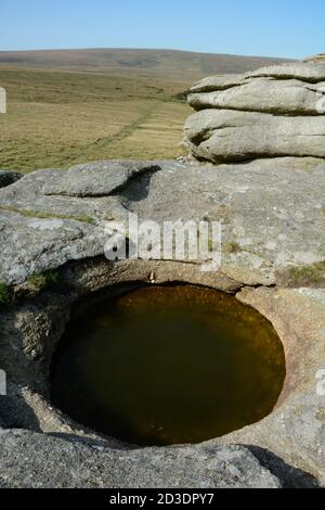 Bacino naturale di roccia a Kestor Rock su Dartmoor Foto Stock