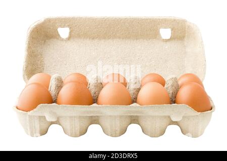 uova di pollo, dieci, in scatola di carta, isolate su sfondo bianco, percorso di ritaglio, piena profondità di campo Foto Stock