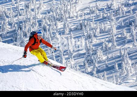 Sciatore in discesa sugli sci in alta montagna contro il cielo blu Foto Stock