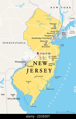 New Jersey, NJ, mappa politica con la capitale Trenton. Stato nella regione del Medio Atlantico del nord-est degli Stati Uniti d'America. Lo Stato Giardino. Foto Stock