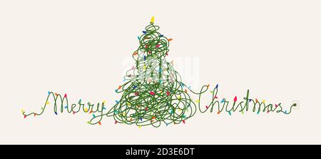 Disegno della scheda di Natale, luci di Natale aggrovigliate fino a modellare l'albero di Natale e le parole buon Natale Illustrazione Vettoriale