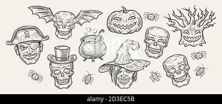 Set di simboli di Halloween. Illustrazione vettoriale vintage disegnata a mano Illustrazione Vettoriale