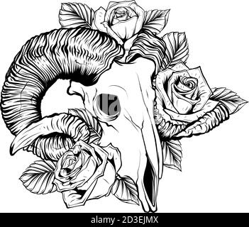 Capra cranio illustrazione vettoriale. Capra devilish simbolo magico e fiori peonie e rose Illustrazione Vettoriale