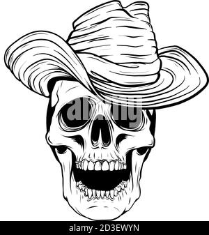 Personaggio del cranio di Spooky Cowboy con classico cappello in feltro in cartone animato stile Illustrazione Vettoriale